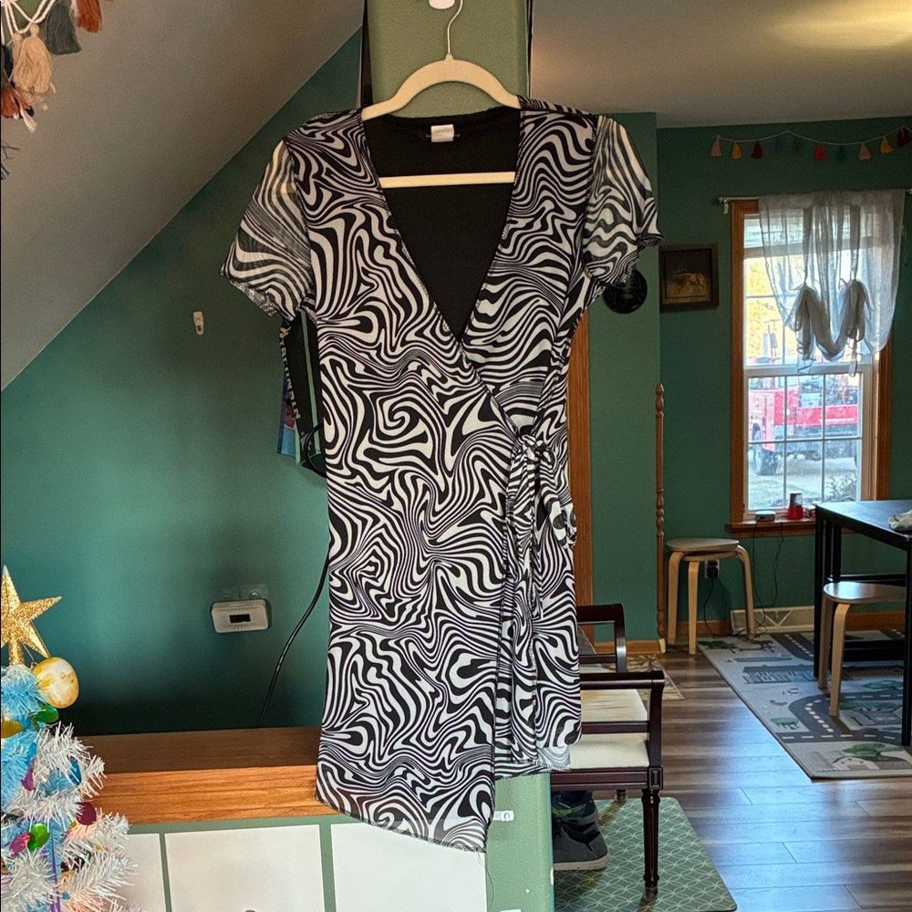 Caution to the Wind Black & White Swirl Wrap Dress